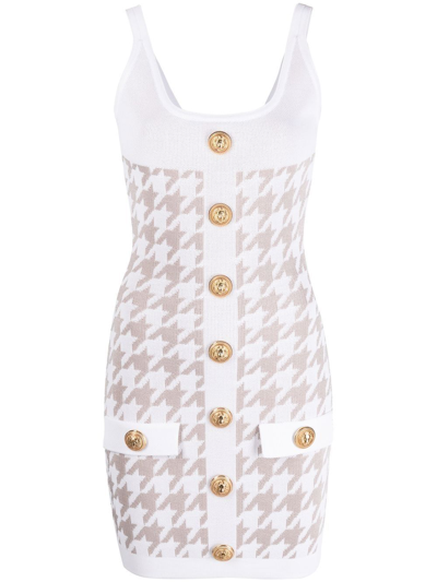 Balmain Houndstooth Sleeveless Minidress In 白色