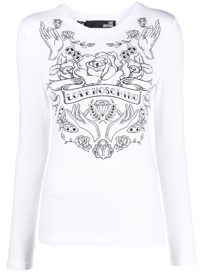 Love Moschino Long Sleeves T-shirt With Carillon Printing In Optical White