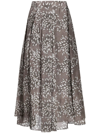 Brunello Cucinelli Abstract-print Pleated Silk-poplin Midi Skirt In 褐色