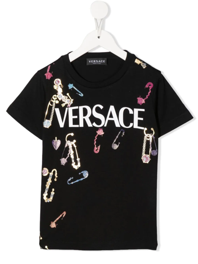 Versace Kids' Logo-print Short-sleeve T-shirt In 黑色