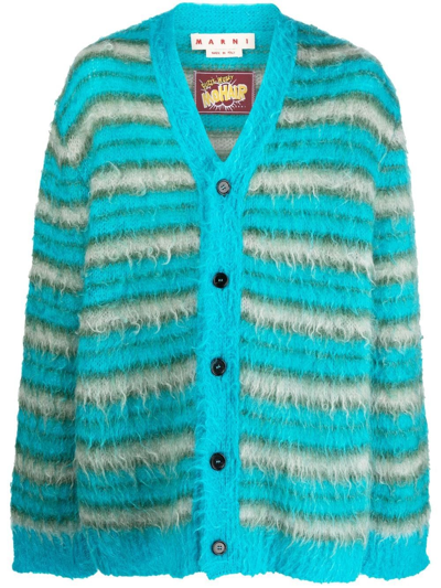 Marni Brushed-knit Striped Cardigan In Light Blue