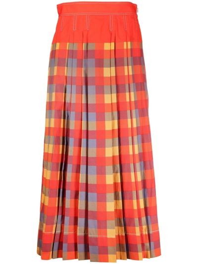 Tory Burch Pleated Plaid-patterned Midi Skirt In Red,multi