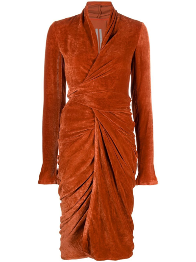 Rick Owens Velvet Wrap Zip-cuff Midi Dress In Orange