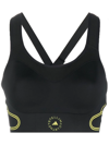 Adidas By Stella Mccartney Asmc Truepace Mesh-paneled Printed Recycled Stretch Sports Bra In Black