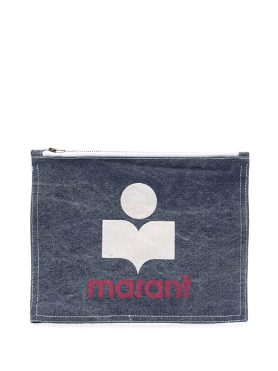 Isabel Marant Nettia Logo Print Flat Pouch In Bu Blue