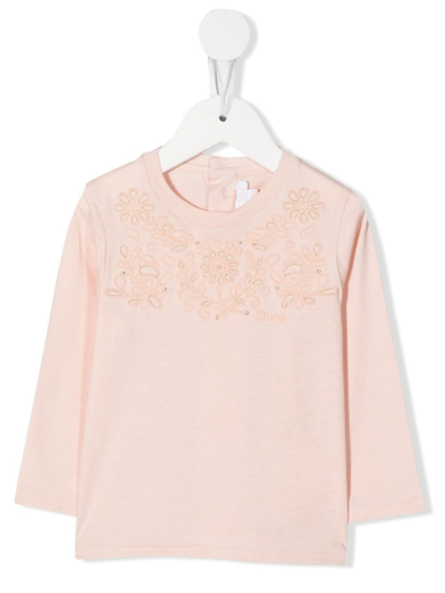 Chloé Babies' Floral-embroidered Cotton T-shirt In Pink