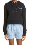 Balmain Flocked Logo Cotton Crop Hoodie In Noir/blanc