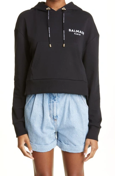 Balmain Flocked Logo Cotton Crop Hoodie In Noir/blanc