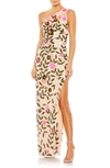 Mac Duggal Floral Sequined One Shoulder Column Gown In Nude Multi