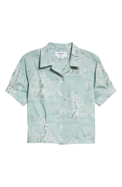 Thom Browne Floral Print Short Cotton Button-up Camp Shirt In Green