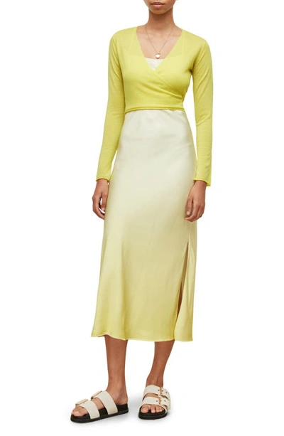 Allsaints Two Piece Merino Wool Wrap Cardigan & Ombre Slip Dress In Sunny Lime
