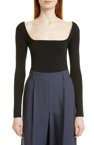Vince Square Neck Long Sleeve Stretch Cotton Knit Top In Black