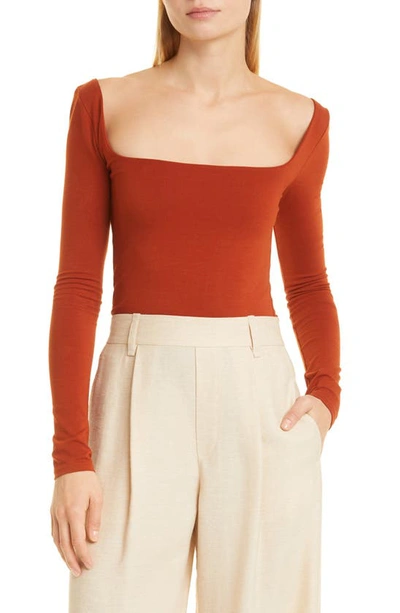 Vince Square Neck Long Sleeve Stretch Cotton Knit Top In Rust Amber-930rua