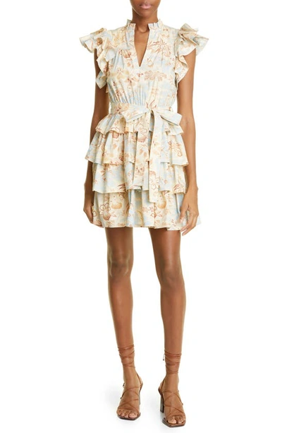 Ulla Johnson Lulua Floral Print Tiered Cotton Poplin Minidress In Gardenia