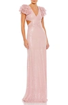 Mac Duggal Ruffle Shoulder Sequin Embellished Gown In Rose