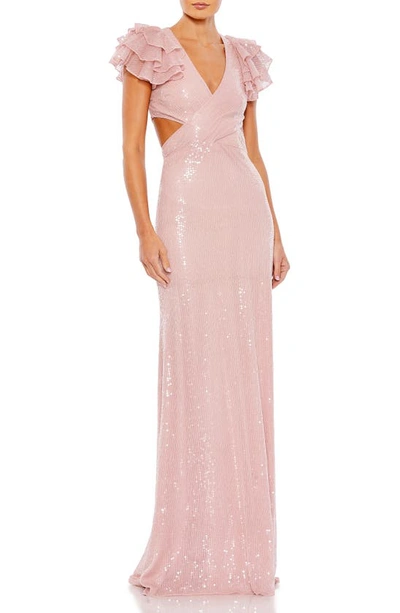Mac Duggal Ruffle Shoulder Sequin Embellished Gown In Rose