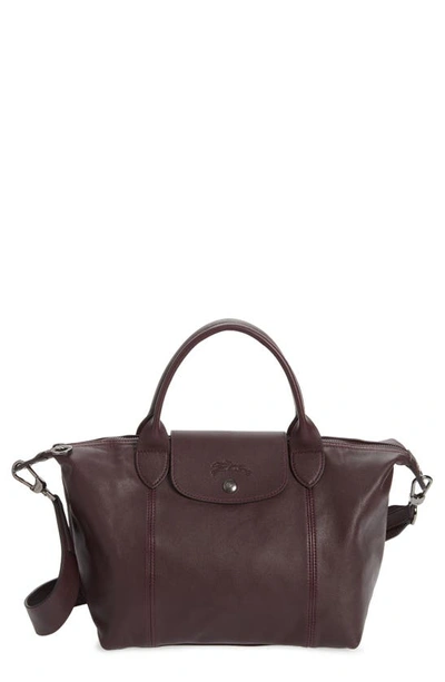 Longchamp Small Le Pliage Cuir Leather Top Handle Bag In Burgundy