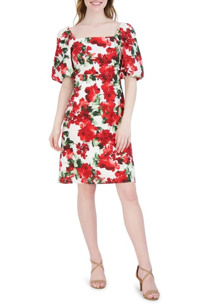 Julia Jordan Floral Puff Sleeve Fit & Flare Dress In Ivory/ Red