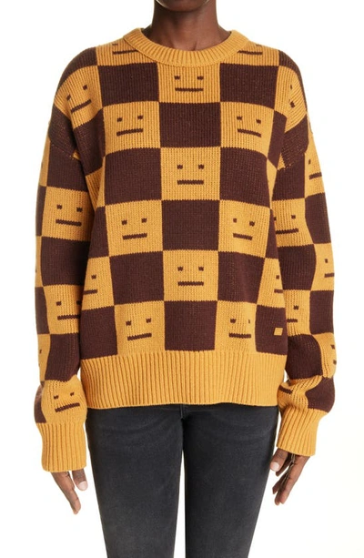 Acne Studios Face Logo Checkerboard Wool Knit Crewneck Sweater In Ochre Orange,coffee Brown