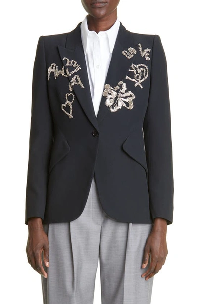Alexander Mcqueen Beaded Heart-embroidery Regular-fit Woven Jacket In Black