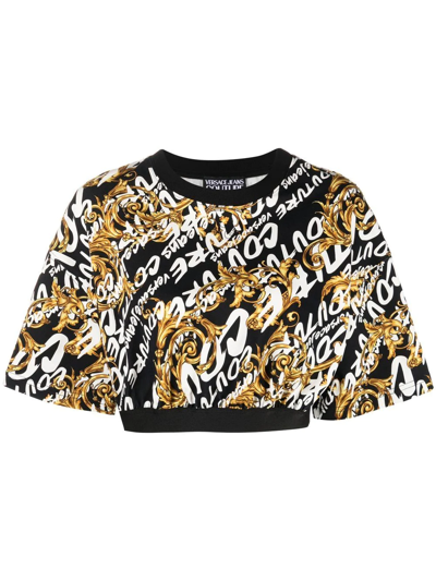 Versace Jeans Couture Logo-print Wide-sleeve Cropped Top In Black