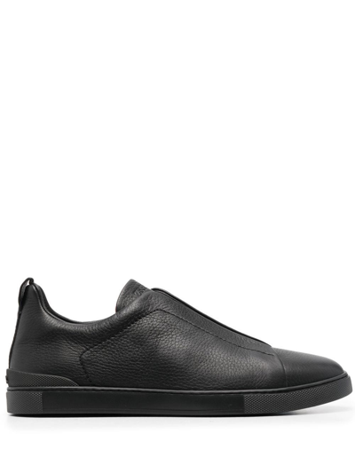 Zegna Triple Stitch Leather Low-top Sneakers In ブラック