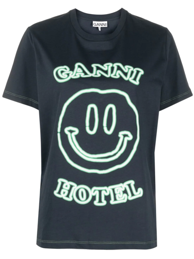 Ganni Smiley Face-print T-shirt In Black