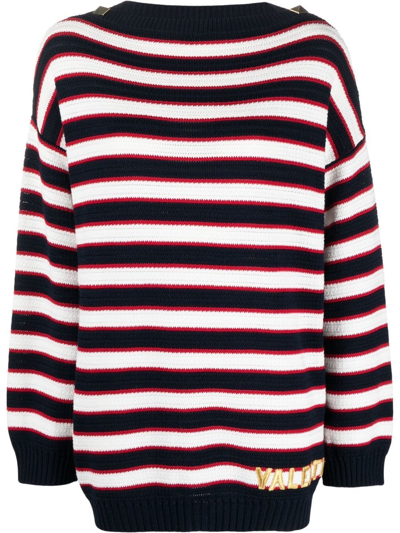 Valentino Logo-embroidered Striped Jumper In Blue