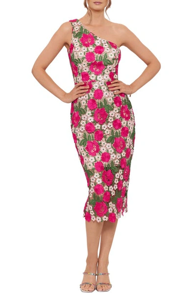 Xscape Floral Embroidered One-shoulder Midi Dress In Fuchsia/ Nude