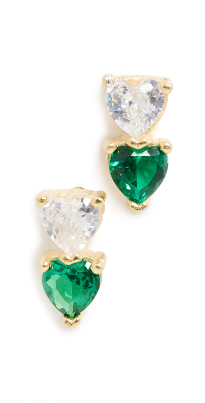 Adinas Jewels Double Heart Stud Earrings In Green/gold