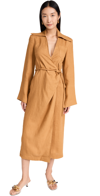 Nanushka Farah Back Long Sleeve Open Linen Wrap Shirtdress In Camel