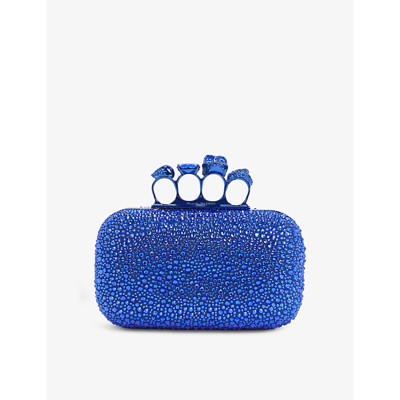 Alexander Mcqueen Skull Four Ring Crystal-embellished Leather Clutch In Blue