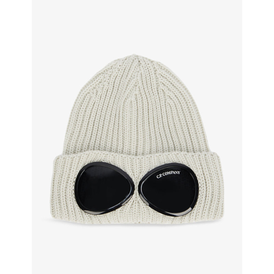 C.p. Company Double Goggle Lense Knitted Wool Beanie Hat In Pelican