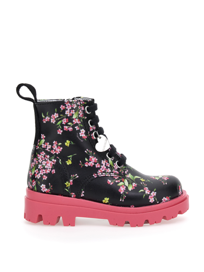 Monnalisa Floral Coated Fabric Combat Boots In Black + Sacket Pink