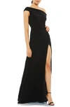 Ieena For Mac Duggal Foldover Ruched Jersey Evening Gown In Black