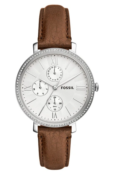 Fossil Women's Jaqueline Silver Tone Multifunction Movement, Brown Leather Watch 38mm