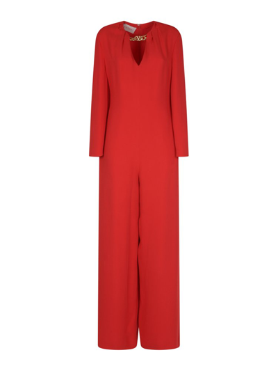 Valentino Logo Chain Straight-leg Crepe Jumpsuit In Red