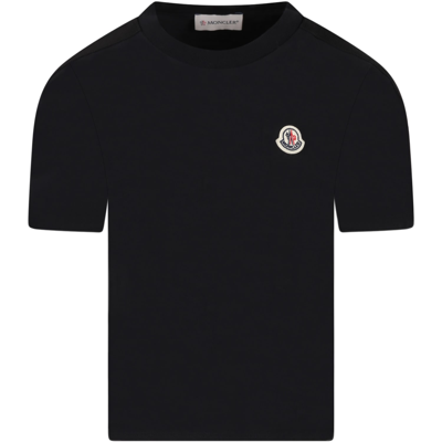 Moncler Kids' Blue T-shirt For Boy With Patch In Black