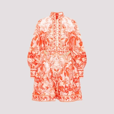 Zimmermann Lyre Bead-embellished Printed Linen Mini Dress In Red Palm