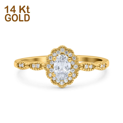 Pre-owned Blueappleco 14k Yellow Gold Halo Art Deco Oval Bridal Simulated Cz Wedding Engagement Ring In Silver