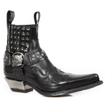 Pre-owned New Rock Rock M.7950-s9 Black Ankle Boots Western Goth Strap Skull Studded Metal