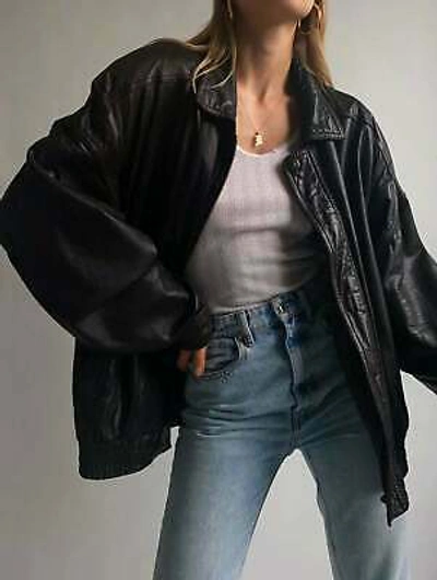 Pre-owned Asaavi Womens Fashion 90s Leather Jacket Vintage Leather Oversized Leather Bomber - 113 In Black