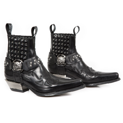 Pre-owned New Rock Rock M.7950-s9 Black Ankle Boots Western Goth Strap Skull Studded Metal