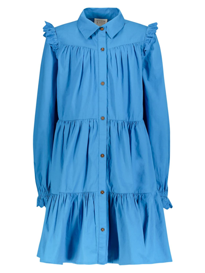 Scotch & Soda Kids' Tiered Long Sleeve Organic Cotton Trapeze Dress In Blue