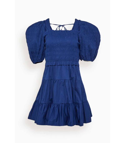 Sea Sloane Puff-sleeve Smocked-cotton Mini Dress In Blue