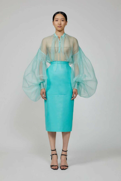 Del Core Organza Blouse And Leather Skirt In Aero Blue