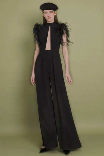 Gemy Maalouf Feathered Crepe Jumpsuit In Black