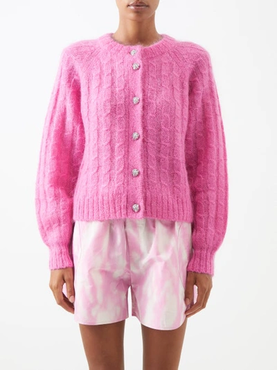 Ganni Balloon-sleeve Cabled Mohair-blend Cardigan In Pink & Purple