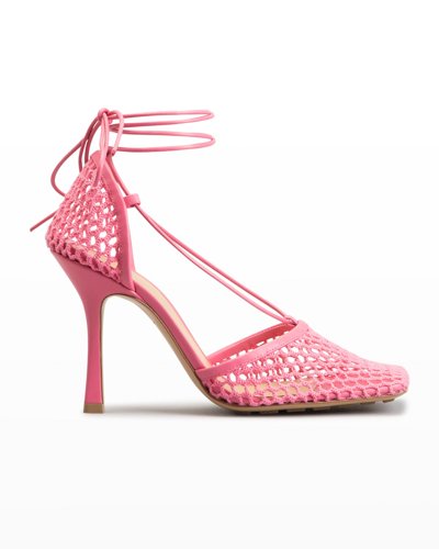 Bottega Veneta Women's Stretch Mesh Ankle Tie High Heel Sandals In Medium Pink