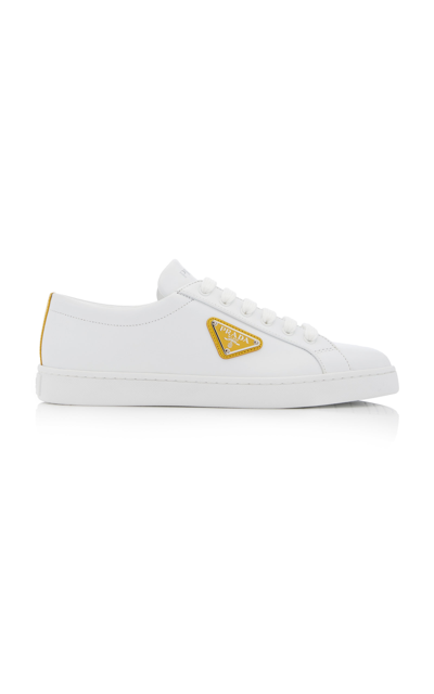 Prada Logo-detailed Leather Low-top Trainers In Bianco Soleil